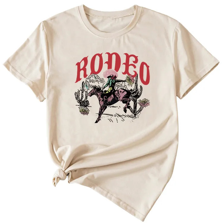 Rodeo Fun Pattern Printed Casual Shirt Round Neck Short SleeveT-Shirt