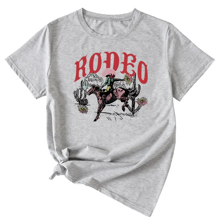 Rodeo Fun Pattern Printed Casual Shirt Round Neck Short SleeveT-Shirt