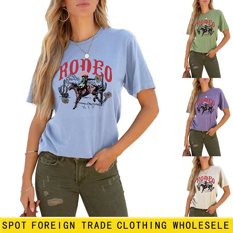 Rodeo Fun Pattern Printed Casual Shirt Round Neck Short SleeveT-Shirt