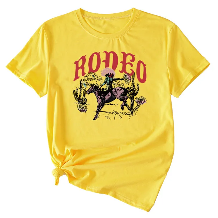 Rodeo Fun Pattern Printed Casual Shirt Round Neck Short SleeveT-Shirt