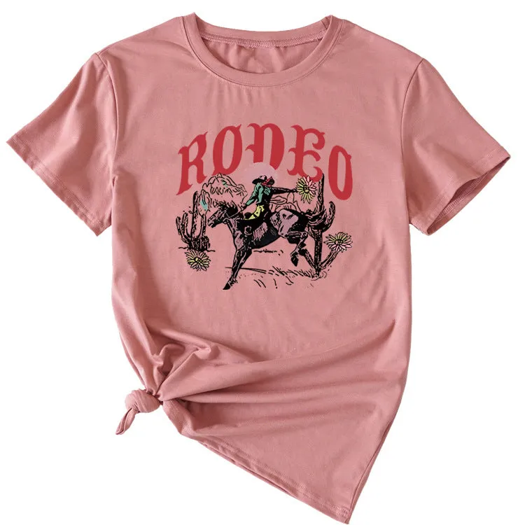 Rodeo Fun Pattern Printed Casual Shirt Round Neck Short SleeveT-Shirt