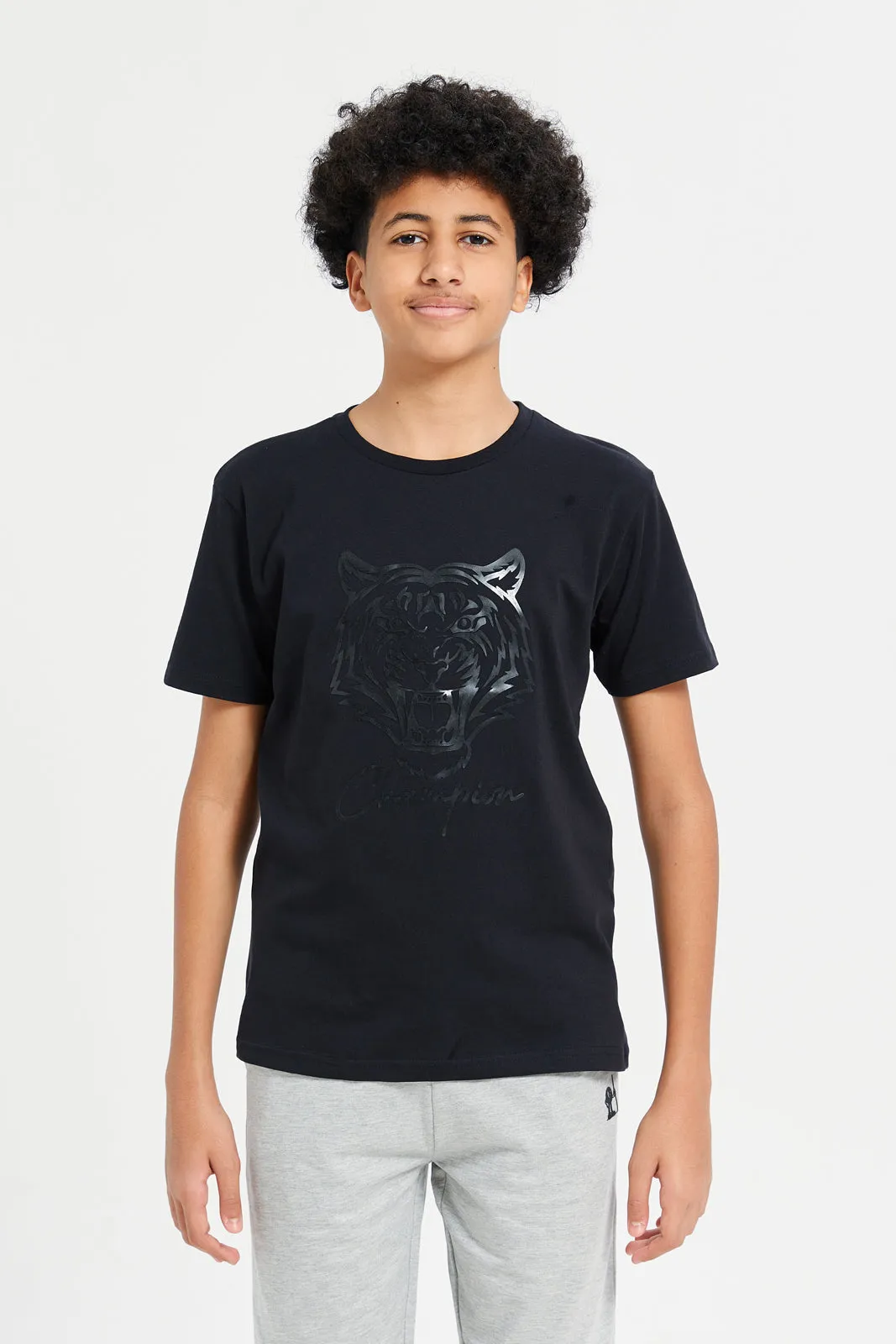 Senior Boys Black Tiger Face Print T-Shirt