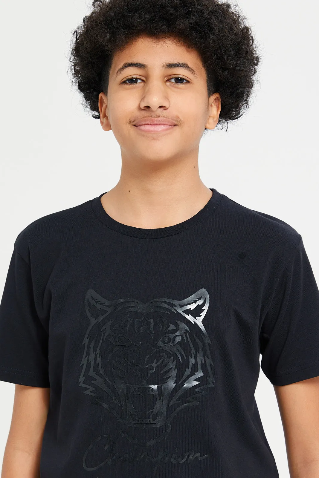 Senior Boys Black Tiger Face Print T-Shirt