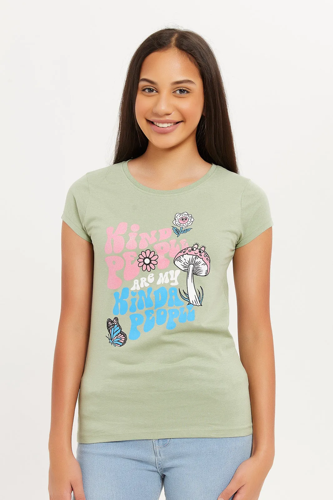 Senior Girls Green Printed T-Shirt