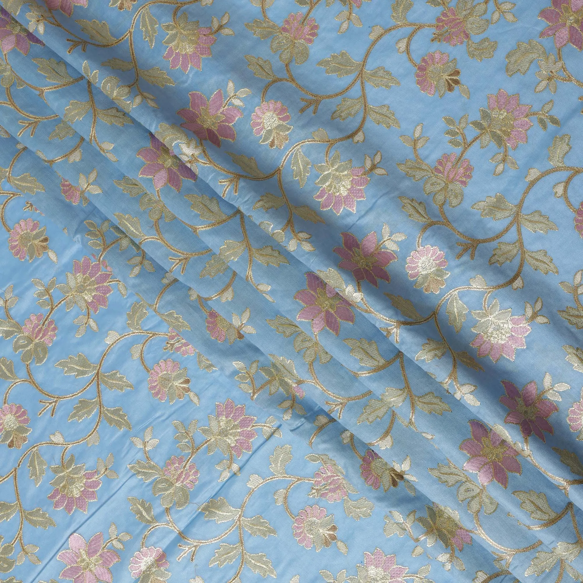 Sky Blue Cotton Silk Fabric with Pink and Gold Floral Embroidery, 110 cm Width-D20432