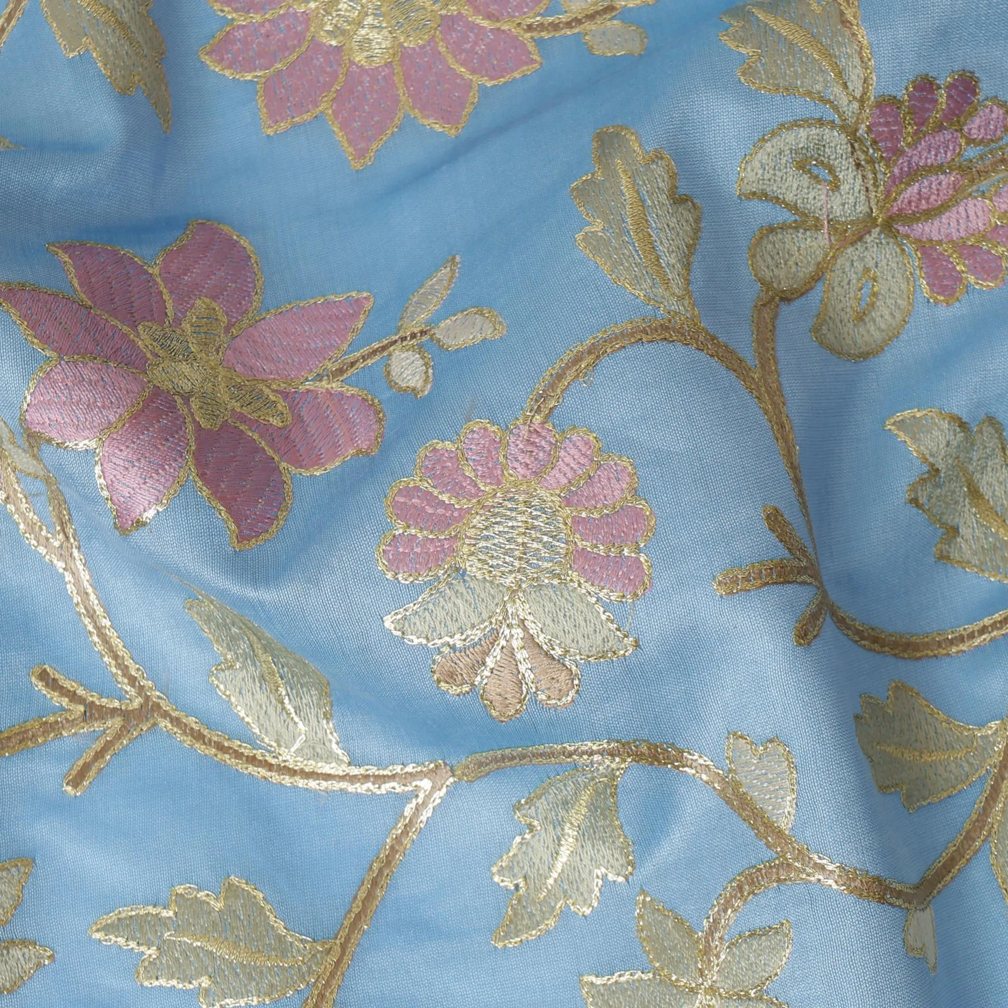 Sky Blue Cotton Silk Fabric with Pink and Gold Floral Embroidery, 110 cm Width-D20432