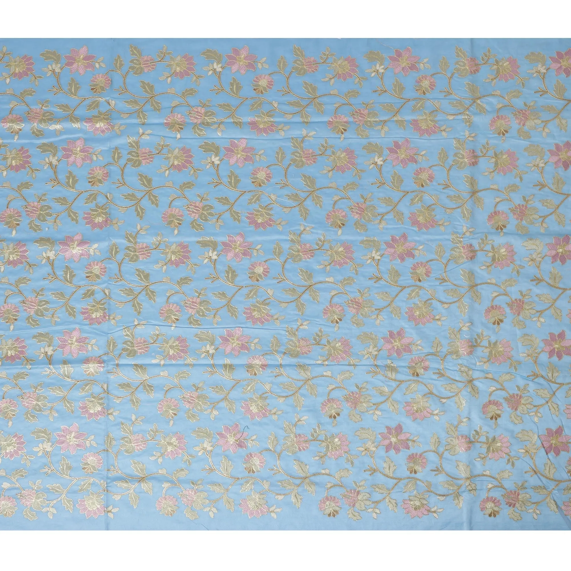 Sky Blue Cotton Silk Fabric with Pink and Gold Floral Embroidery, 110 cm Width-D20432