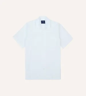 White Cotton-Linen Seersucker Camp Collar Short Sleeve Shirt