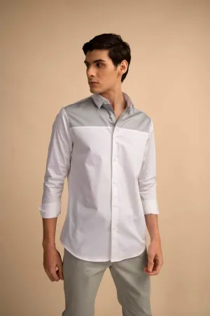 White Grey Panel Stretch Satin Shirt