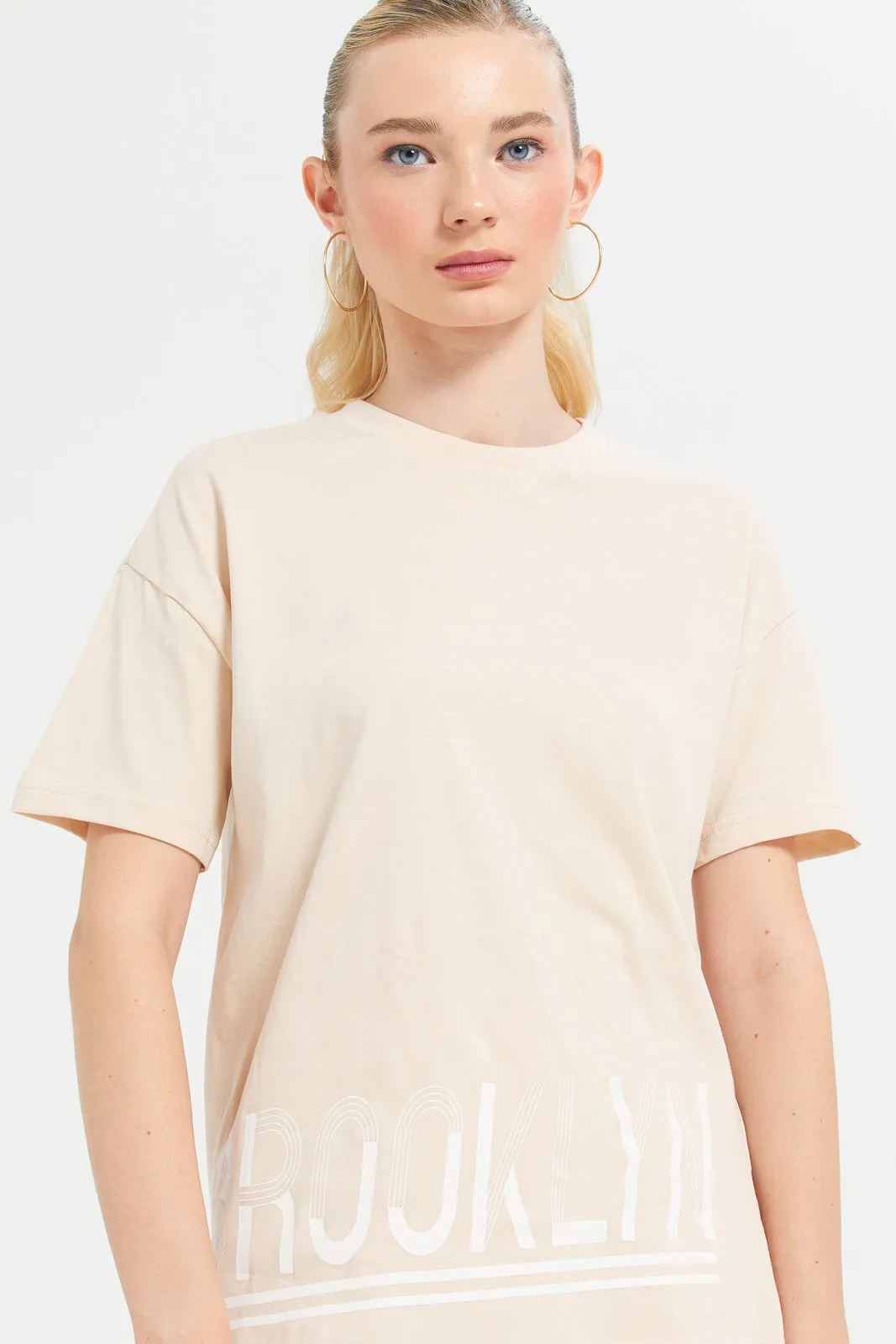 Woman Beige Printed Active T-Shirt